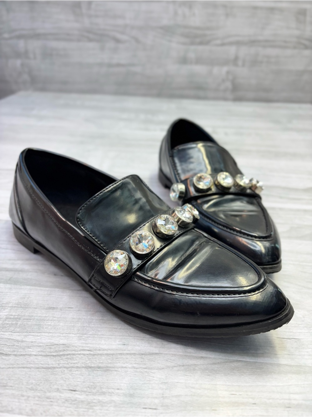 Lulu's Black Patent Leather Oxfords with Crystal Accents